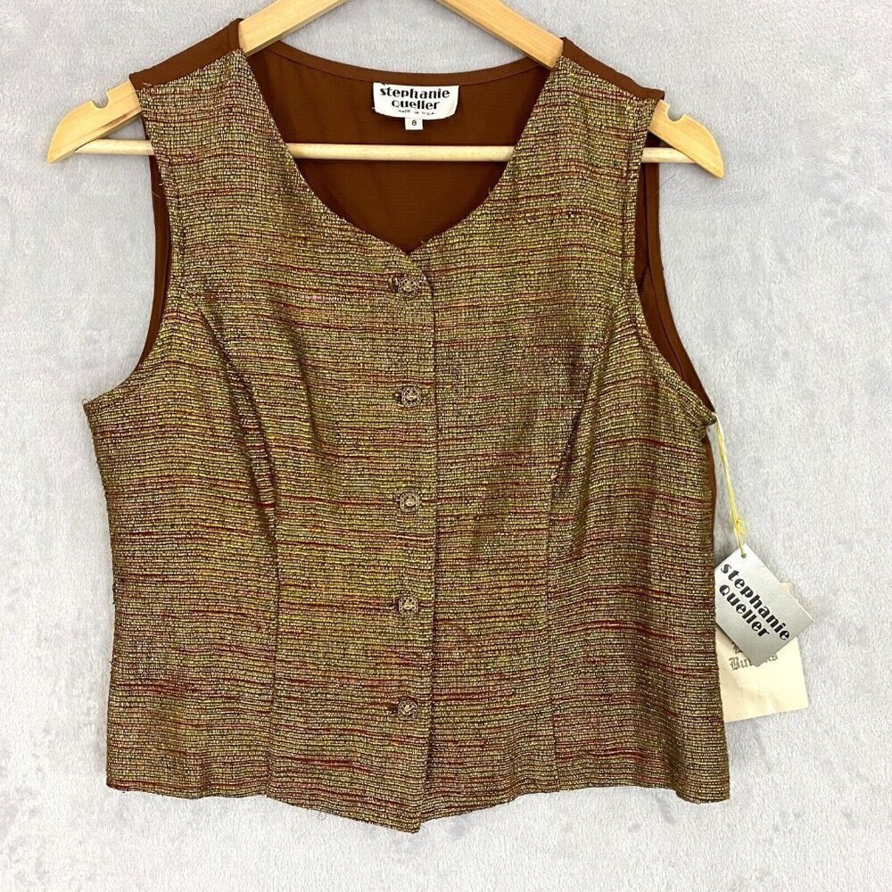 Vintage Stephanie Queller Ribbed Silk‎ Vest Size 8 Sparkle Gold Academia USA NEW
